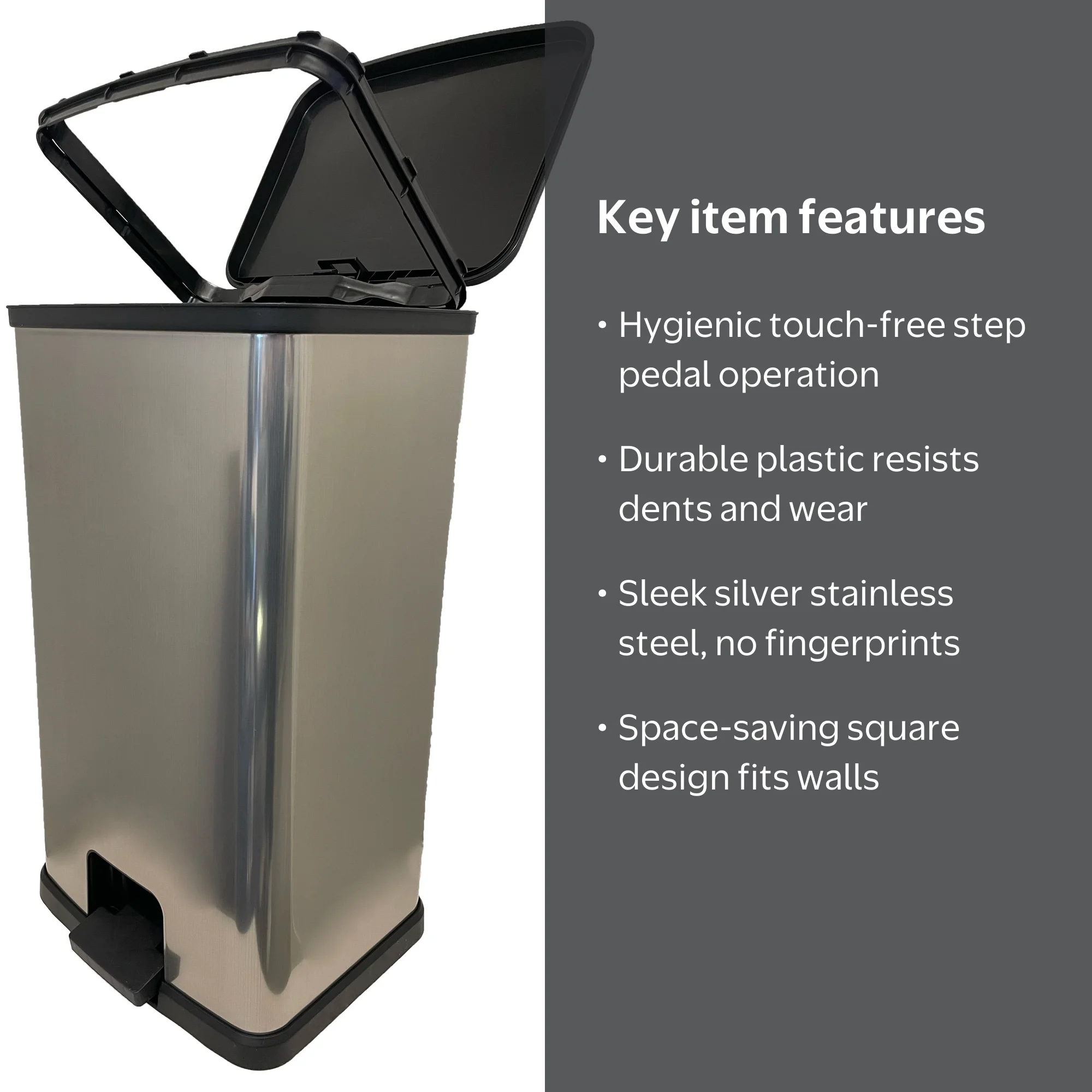 Mainstays Plastic Rectangular Step Trash Can, 13 Gallon, Silver