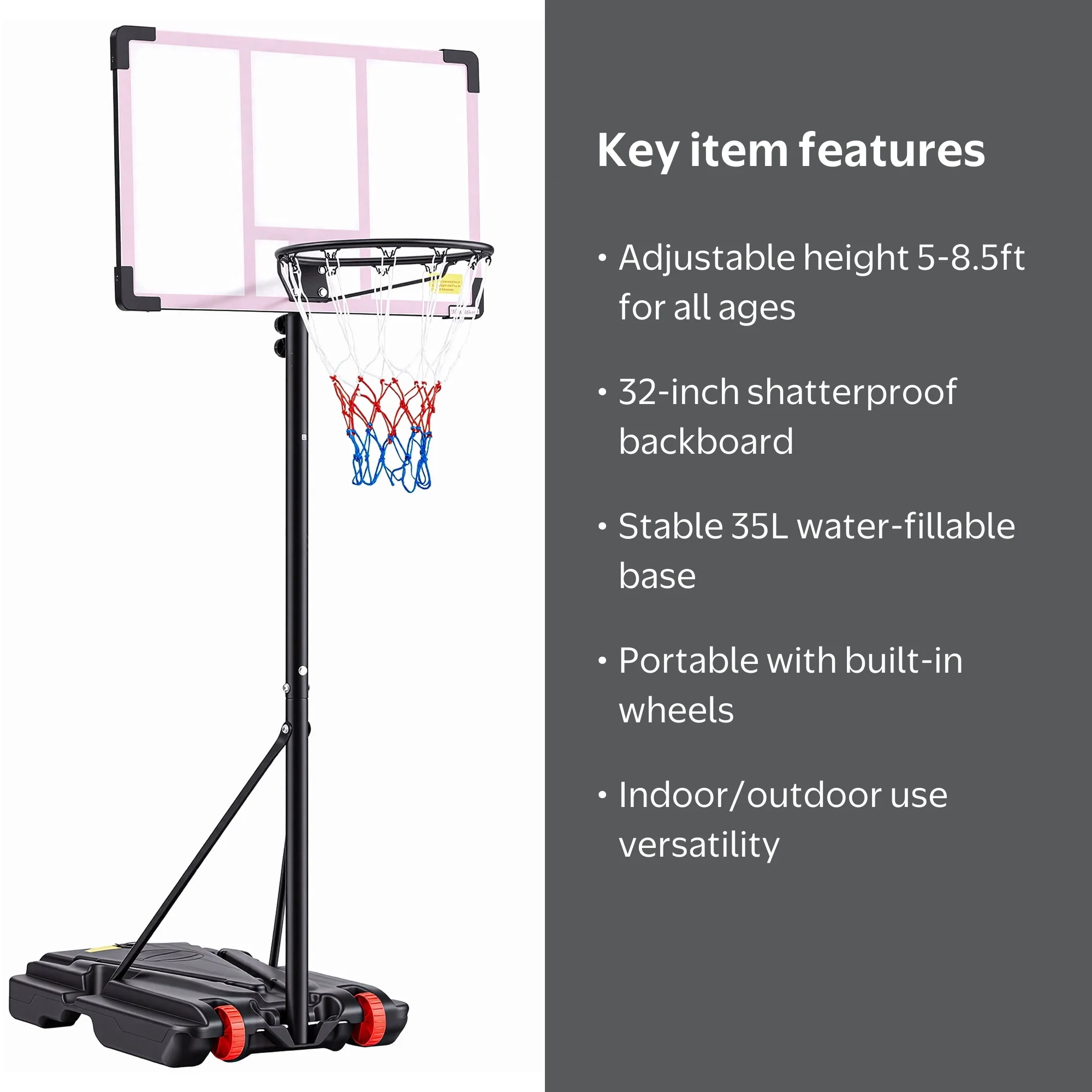 EDX 5ft-8.5ft Height-Adjustable Basketball Hoops, Outdoor Portable