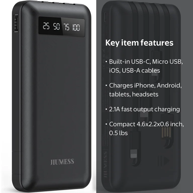 JIUMESS Power Bank 20000mAh Portable Charger with Built-in Cables