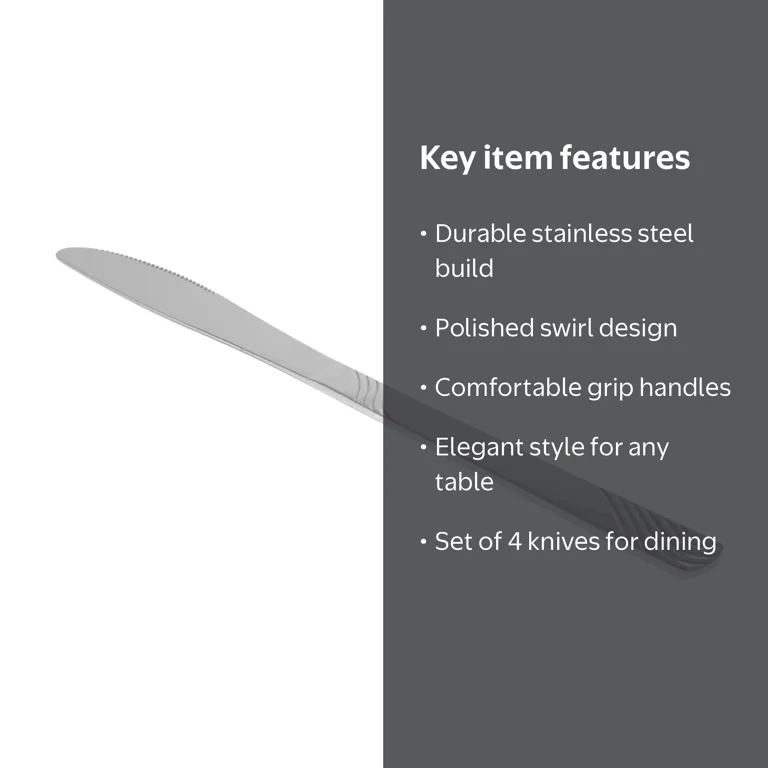 Mainstays 4-Piece Swirl Stainless Steel Dinner Knife Set, Silver
