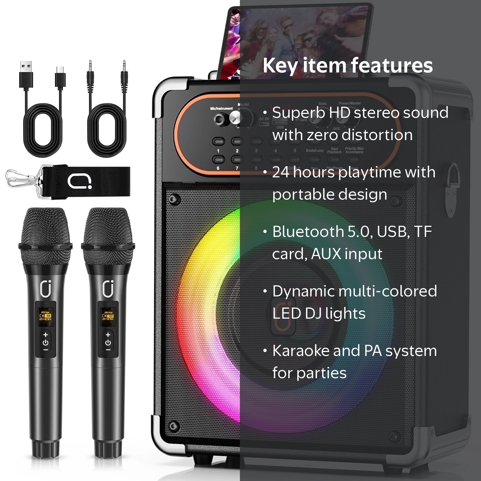 JYX, Karaoke Machine, Portable Bluetooth with 2 Microphones, DJ