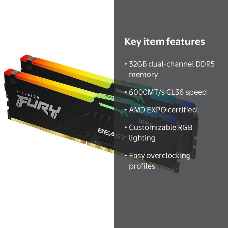 Kingston FURY Beast RGB 32GB DDR5 Memory 6000MT/s CL36