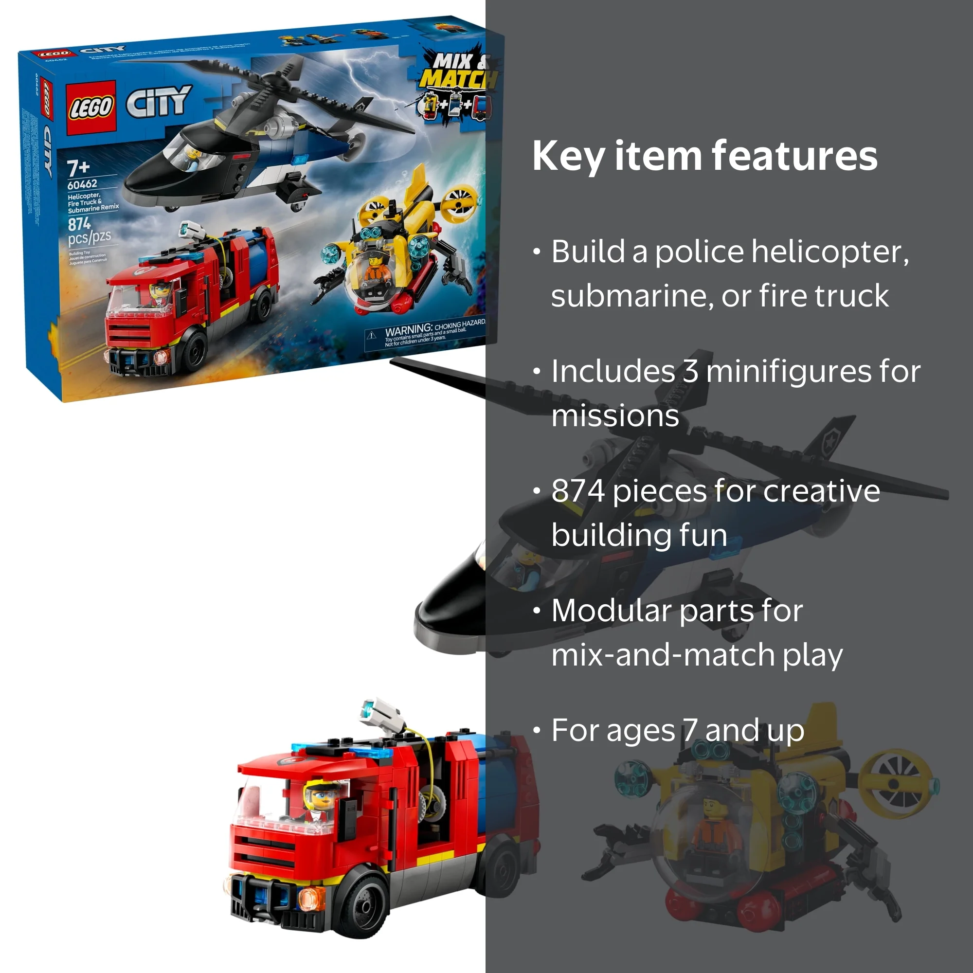 LEGO City Helicopter, Fire Truck & Submarine Remix 3-in-1 Kids Toy