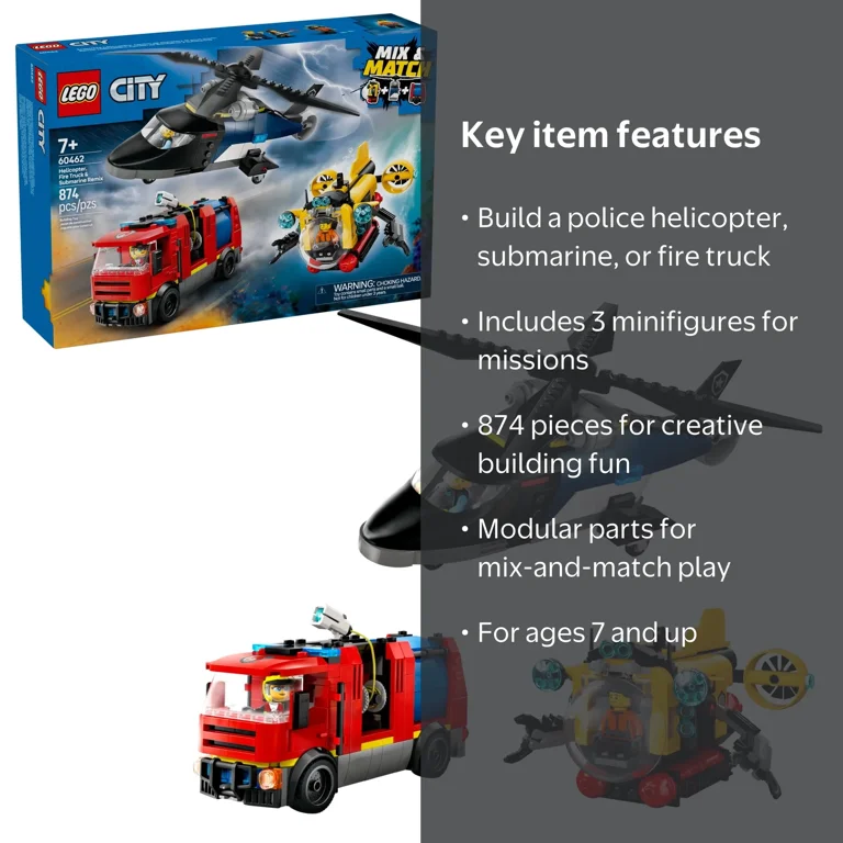 LEGO City Helicopter, Fire Truck & Submarine Remix 3-in-1 Kids Toy