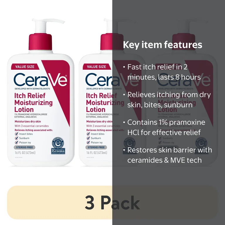 ボディローション CeraVe Itch Relief Moisturizing Lotion CeraVe Moisturizing Itch Relief Lotion, 1% Pramoxine, 3 pack