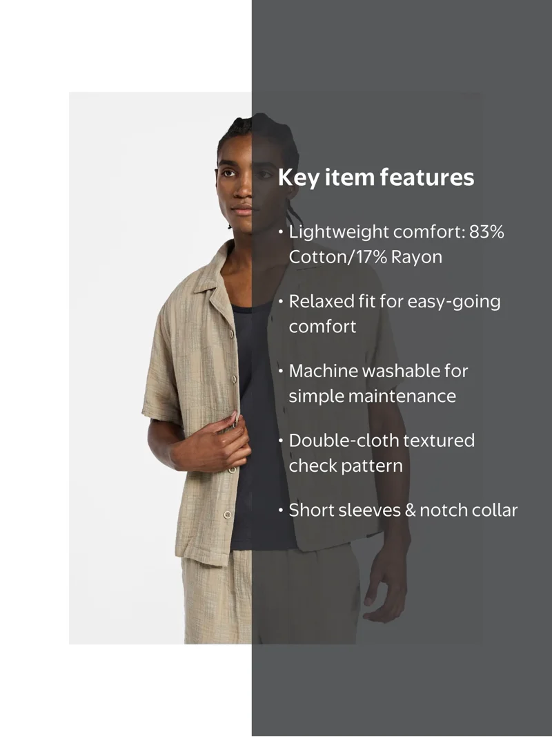 No Boundaries Check Gauze Shirt with Short Sleeves, Men's XS-5XL