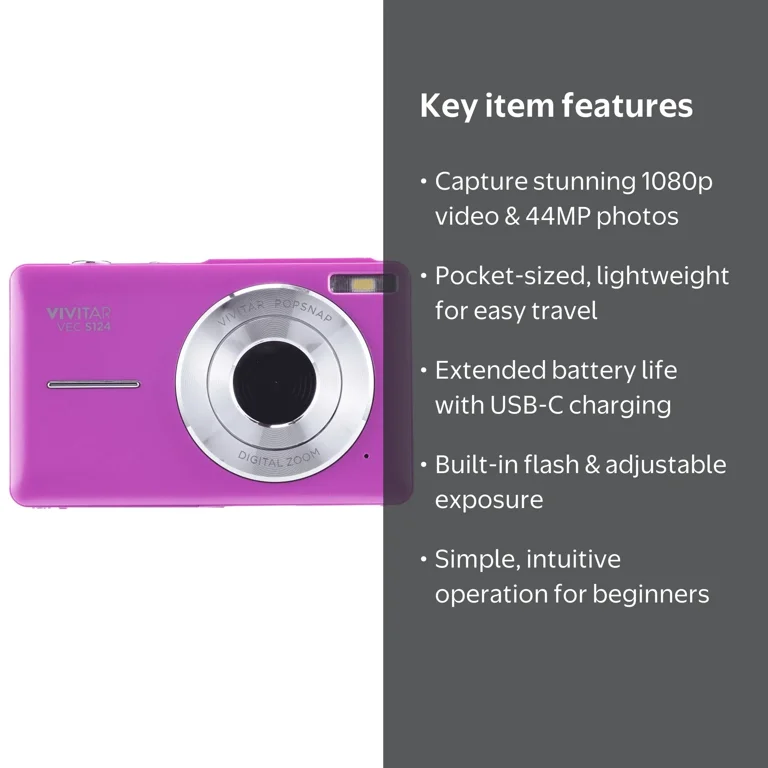 Vivitar Popsnap Compact Digital Camera, Purple, 16X Zoom, 1080p