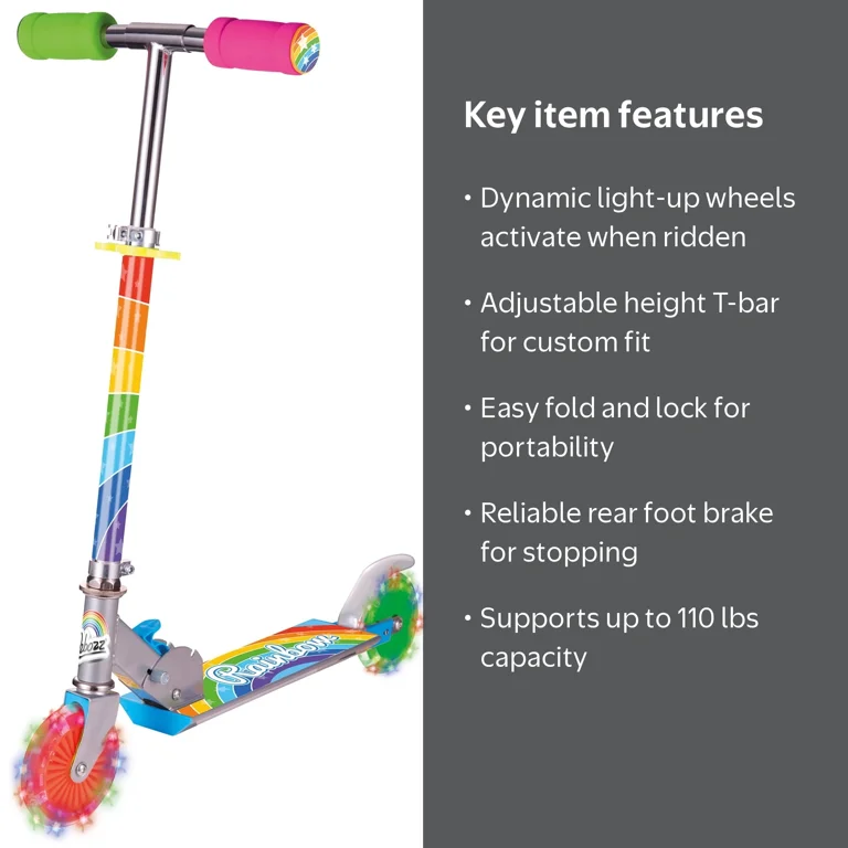 OZBOZZ, Rainbow Foldable Kick Scooter, Light-up Wheels, Green