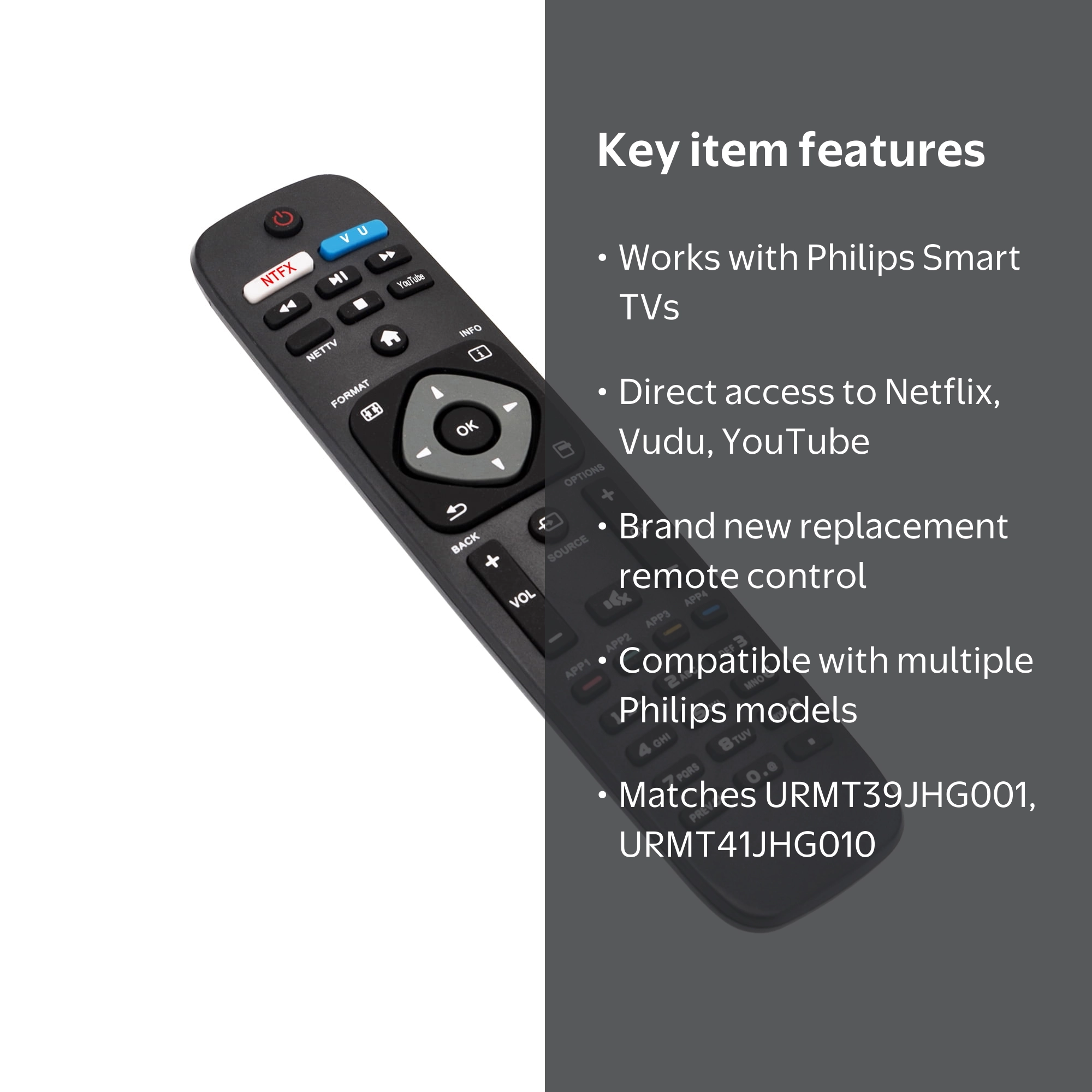 Philips Remote Control, Netflix Vudu Youtube Keys, URMT39JHG001