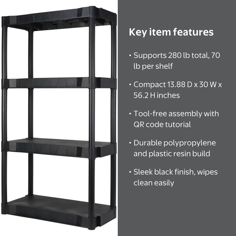 Hyper Tough 4 Shelf Plastic Shelving Unit, 13.88 in D x 30 in W x