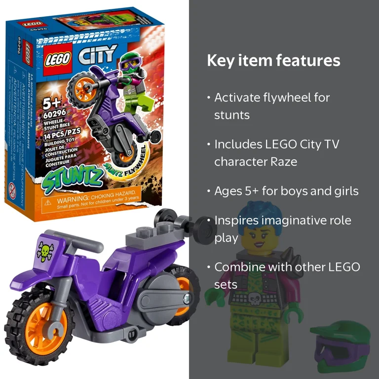 はすこ LEGO, City Stuntz Wheelie Stunt Bike 60296, for Kids Aged 5+