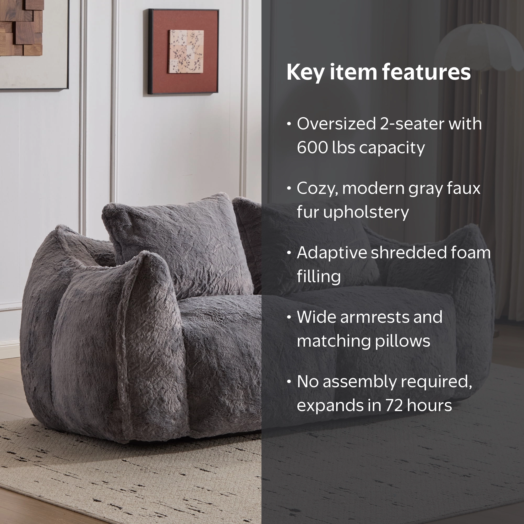 Miniyam 75.2 in Oversized Faux Fur Bean Bag Couch for Adults, 2