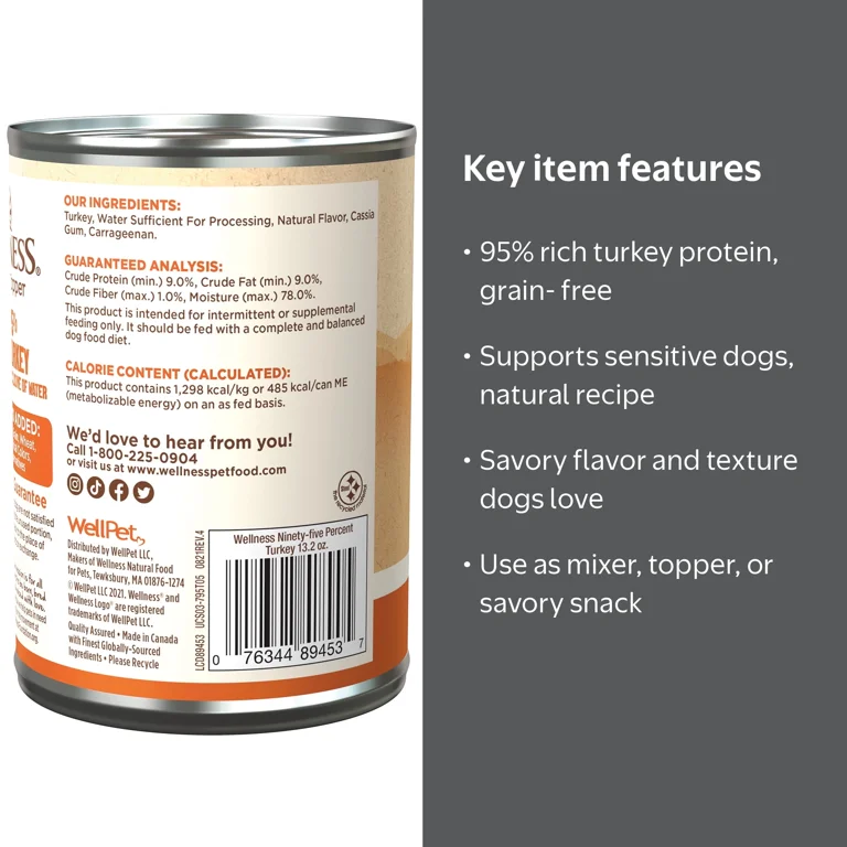 Wellness 95% Turkey Natural Wet Grain Free Canned Dog Food, 13.2