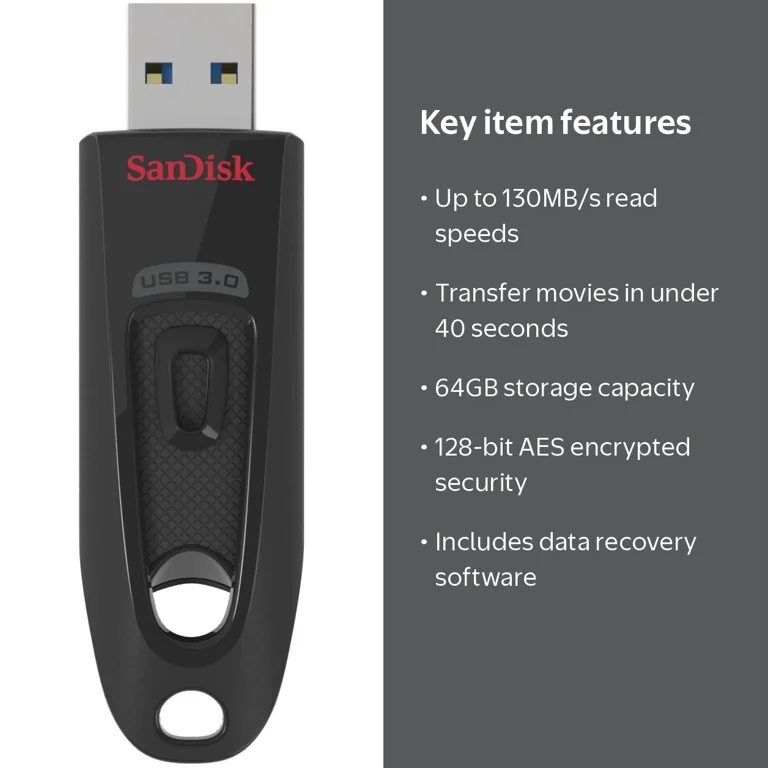 SanDisk 64GB Ultra USB 3.0 Flash Drive - High-Speed Thumb Memory