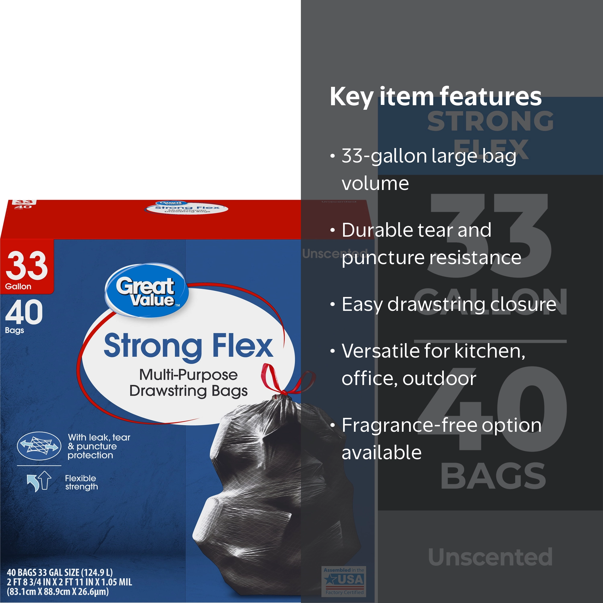 Great Value Strong Flex 33-Gallon Drawstring Multi-Purpose Trash