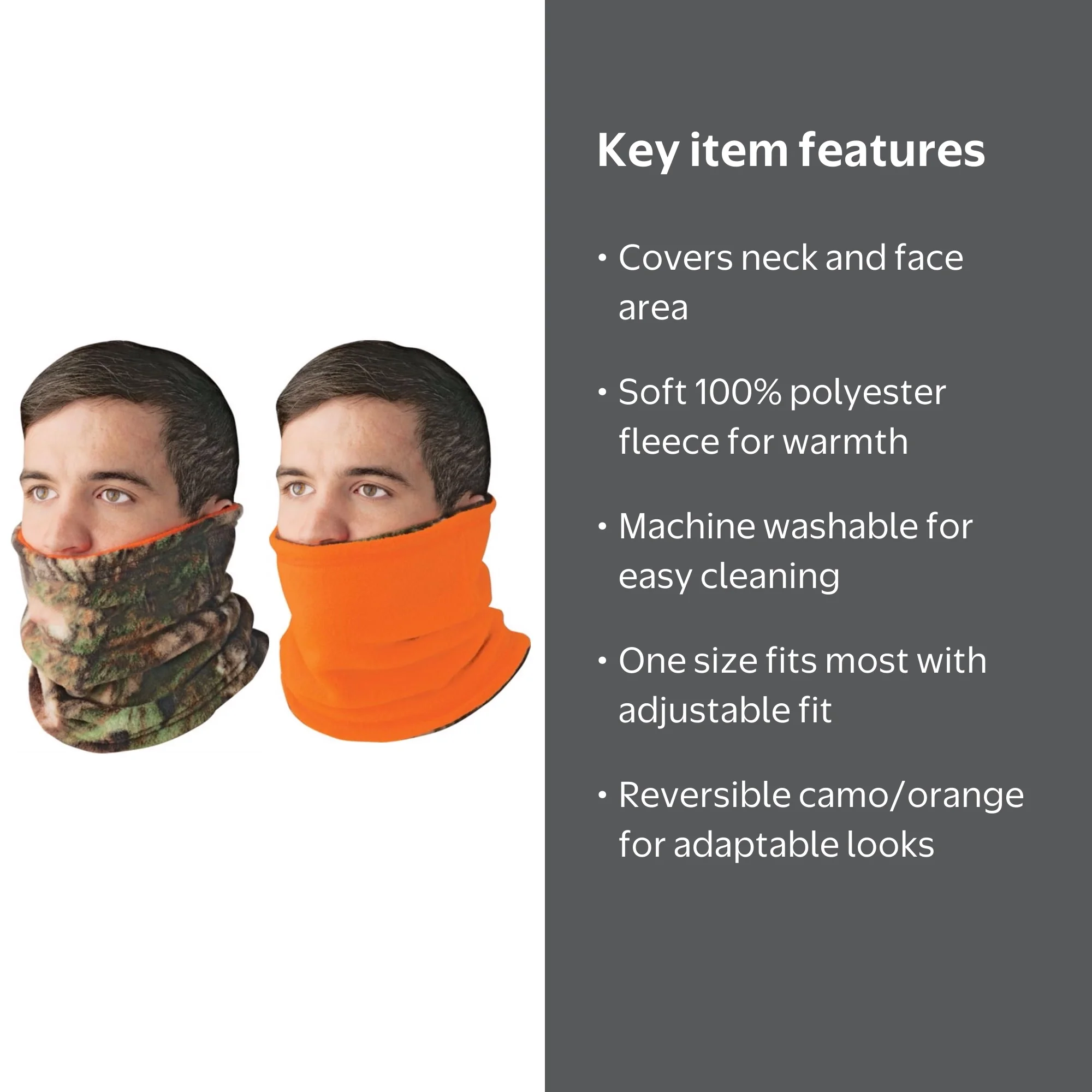 Camo Winter Fleece Neck Gaiter, Reversible, approx 12.5