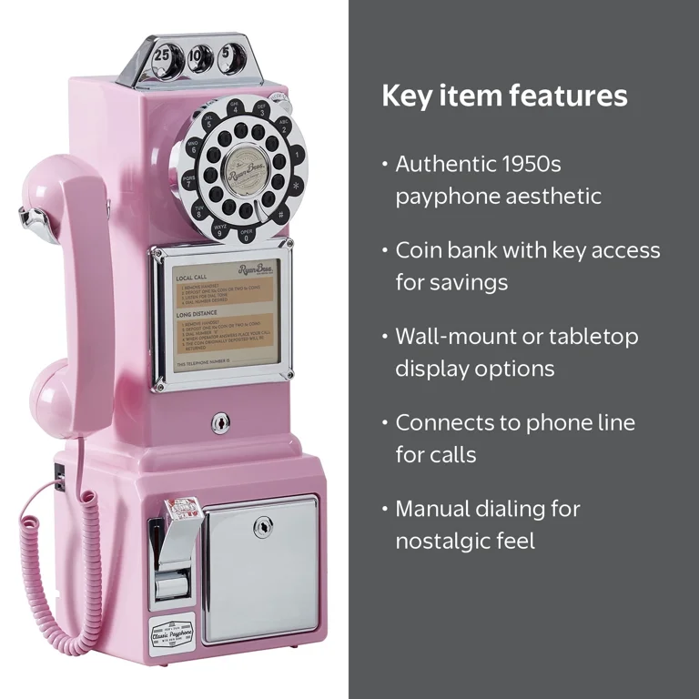 Ryan Bros 1950's Payphone, Coin Bank Wall-Mount Corded Phone, Pink
