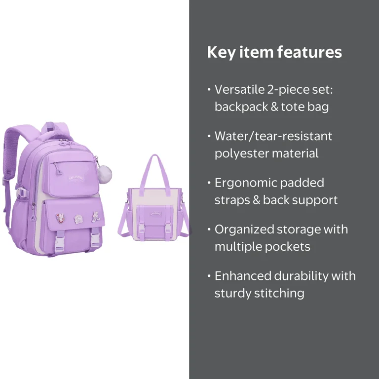 KAMUGO Girls Backpack Set, Purple School Backpacks with Tote Bag
