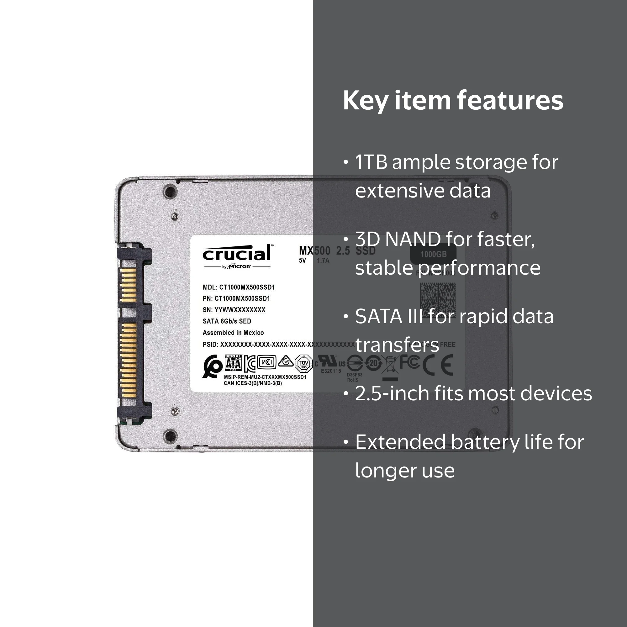 Crucial, 1TB SATA Internal Solid State Drive, CT1000MX500SSD1