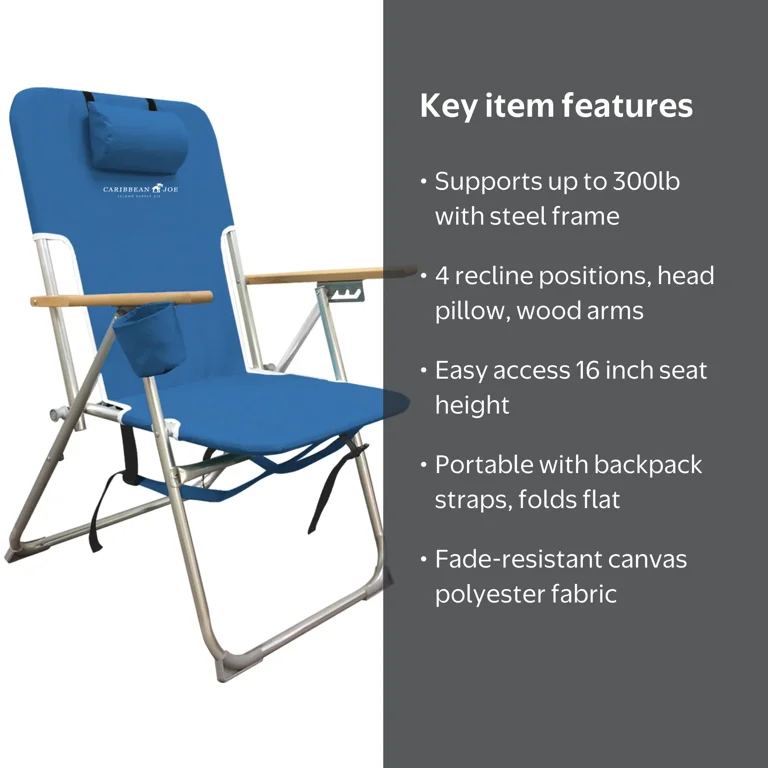 Caribbean Joe 4 Position Folding Beach Chair 300lb Capacity