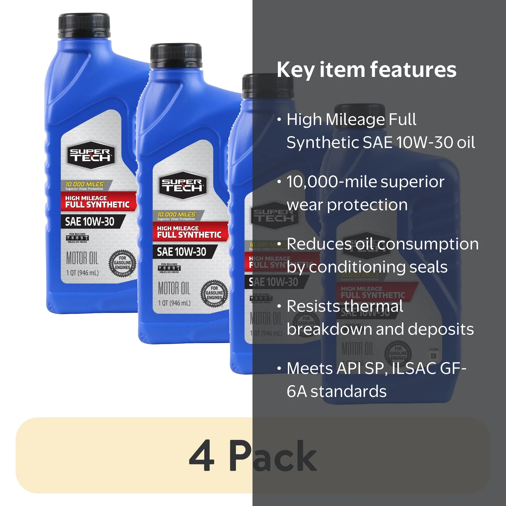 4 pack) Super Tech High Mileage Full Synthetic SAE 10W-30 Motor