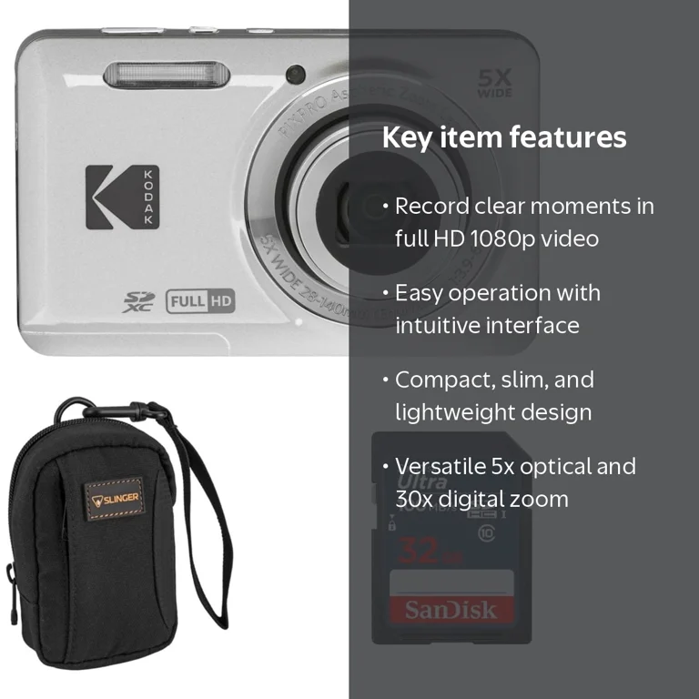Kodak PIXPRO FZ55 Friendly Zoom Digital Camera, Silver, Includes