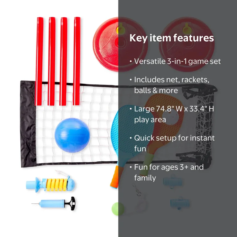 Play Day 3-in-1 Outdoor Game Set, Includes Racket Net, Rackets