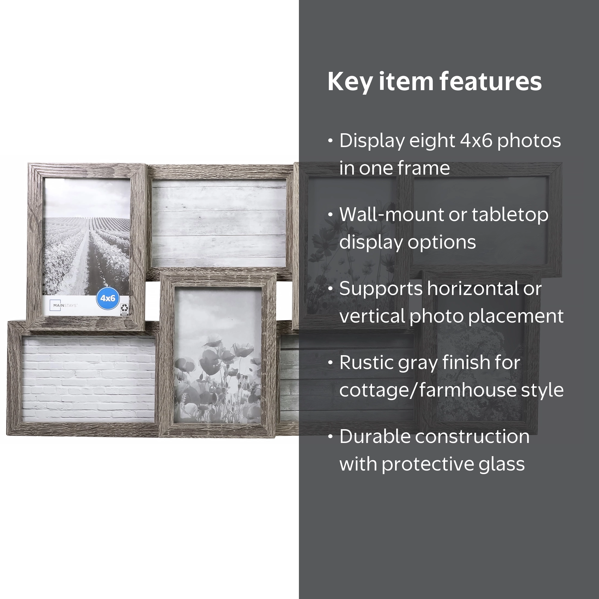 Mainstays Rustic Gray 8-Opening 4x6 Linear Collage Photo Frame