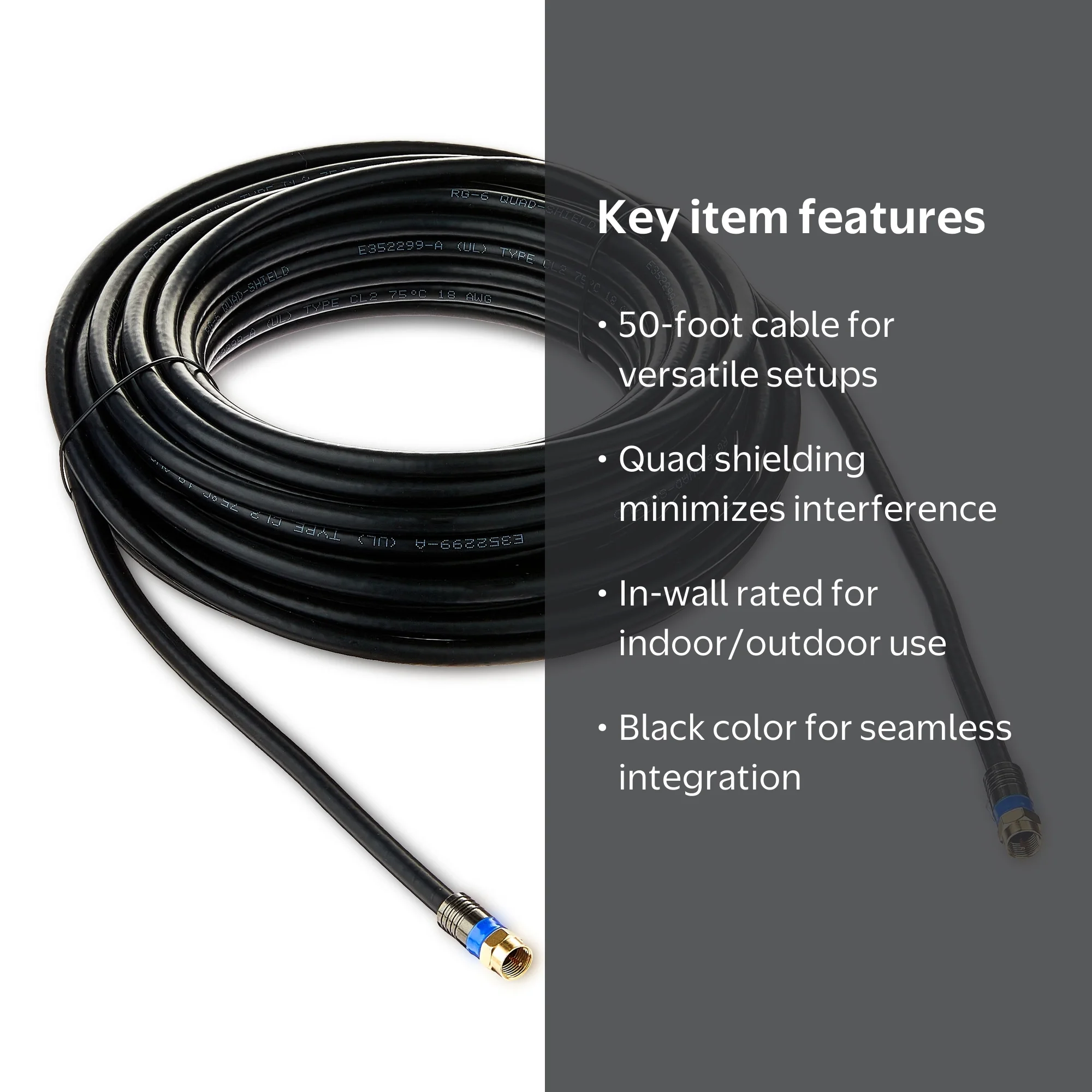 Onn+ 50' Quad Shield Coaxial Cable Black for Indoor Outdoor TV
