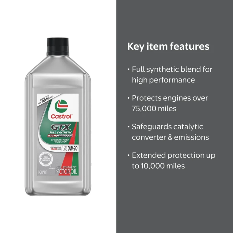 Castrol GTX Full Synthetic High Mileage 0W-20 Motor Oil, 1 Quart