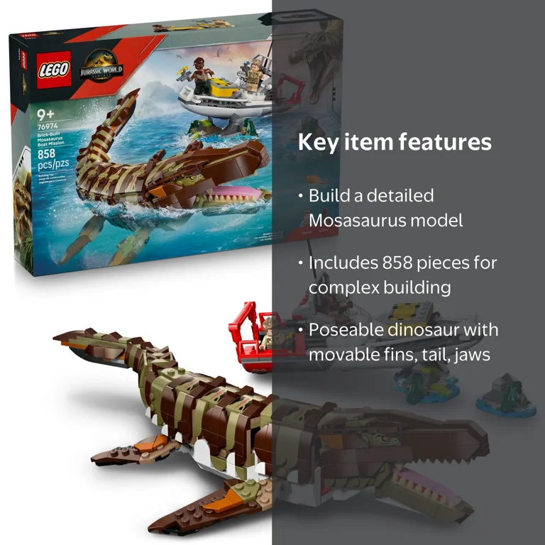LEGO, Dinosaur Toy, 76974, Poseable Mosasaurus with Minifigures