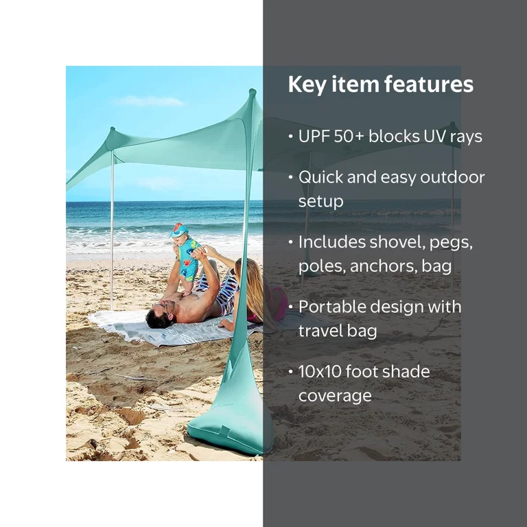 Reach For Sun うかく SUN NINJA 10x10 Outdoor Pop Up Beach Tent With Shovel, Pegs