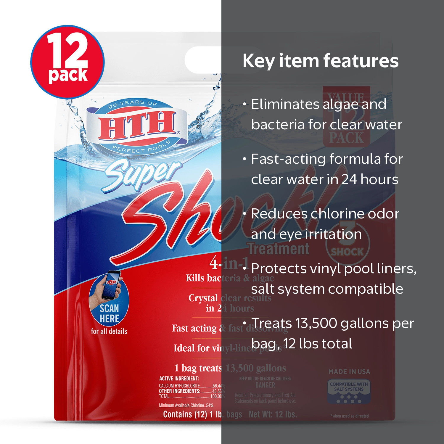 HTH Super Shock 4-in-1 Chlorine Swimming Pool Shock Treatment, 1