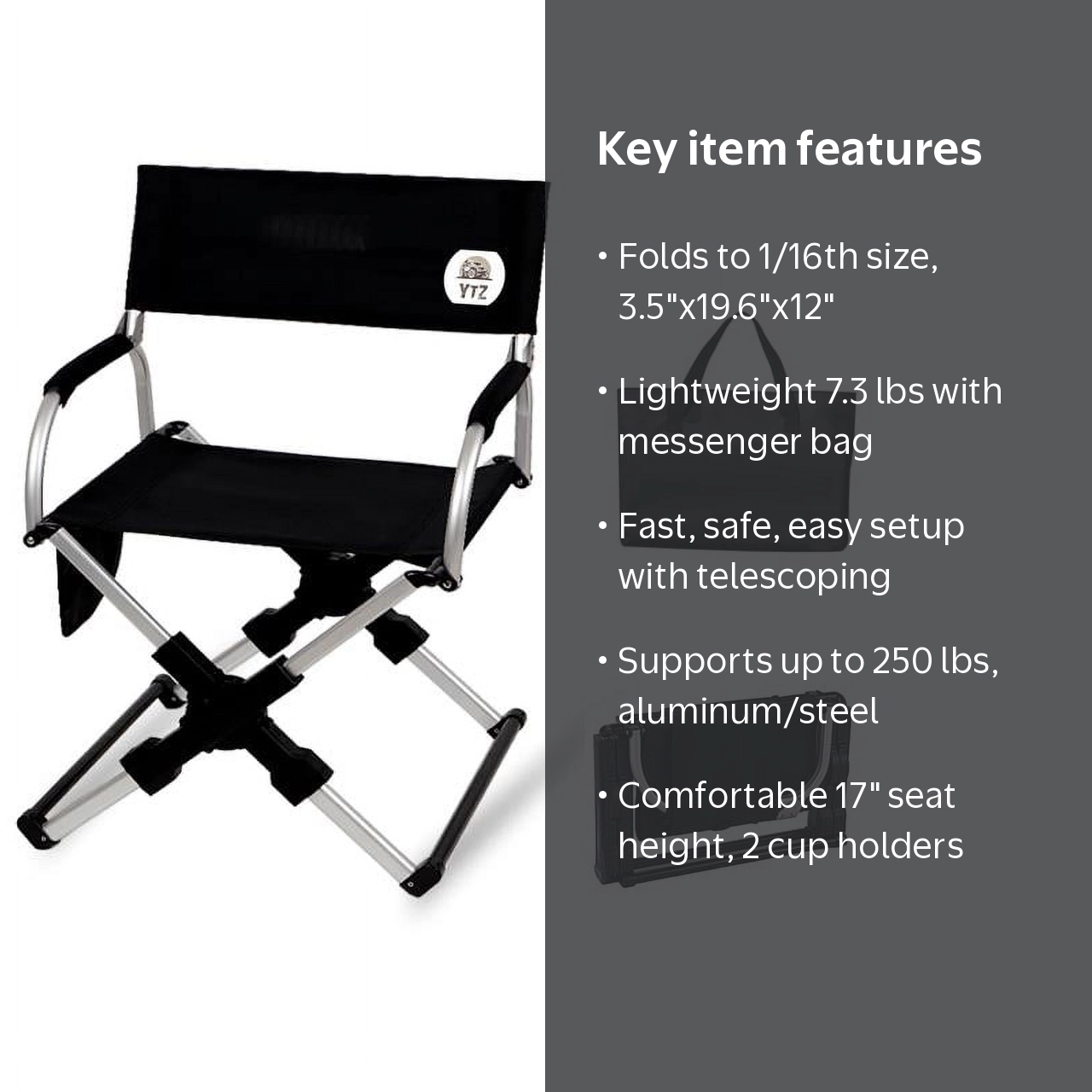 YTZ Outdooer, Portable Folding Director's Chair, Black, Carry Bag