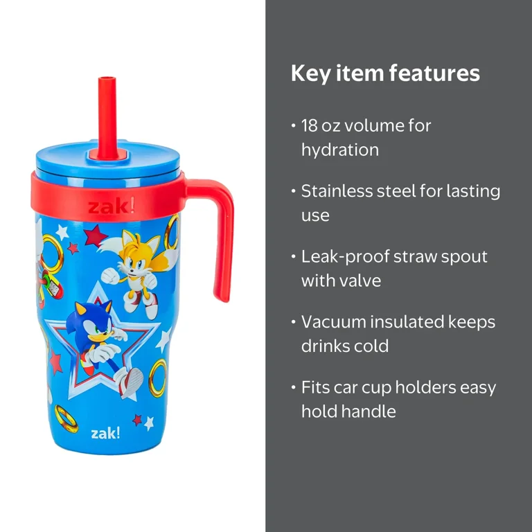 Zak Designs 18oz Sonic Kids Straw Handle Tumbler, Stainless Steel