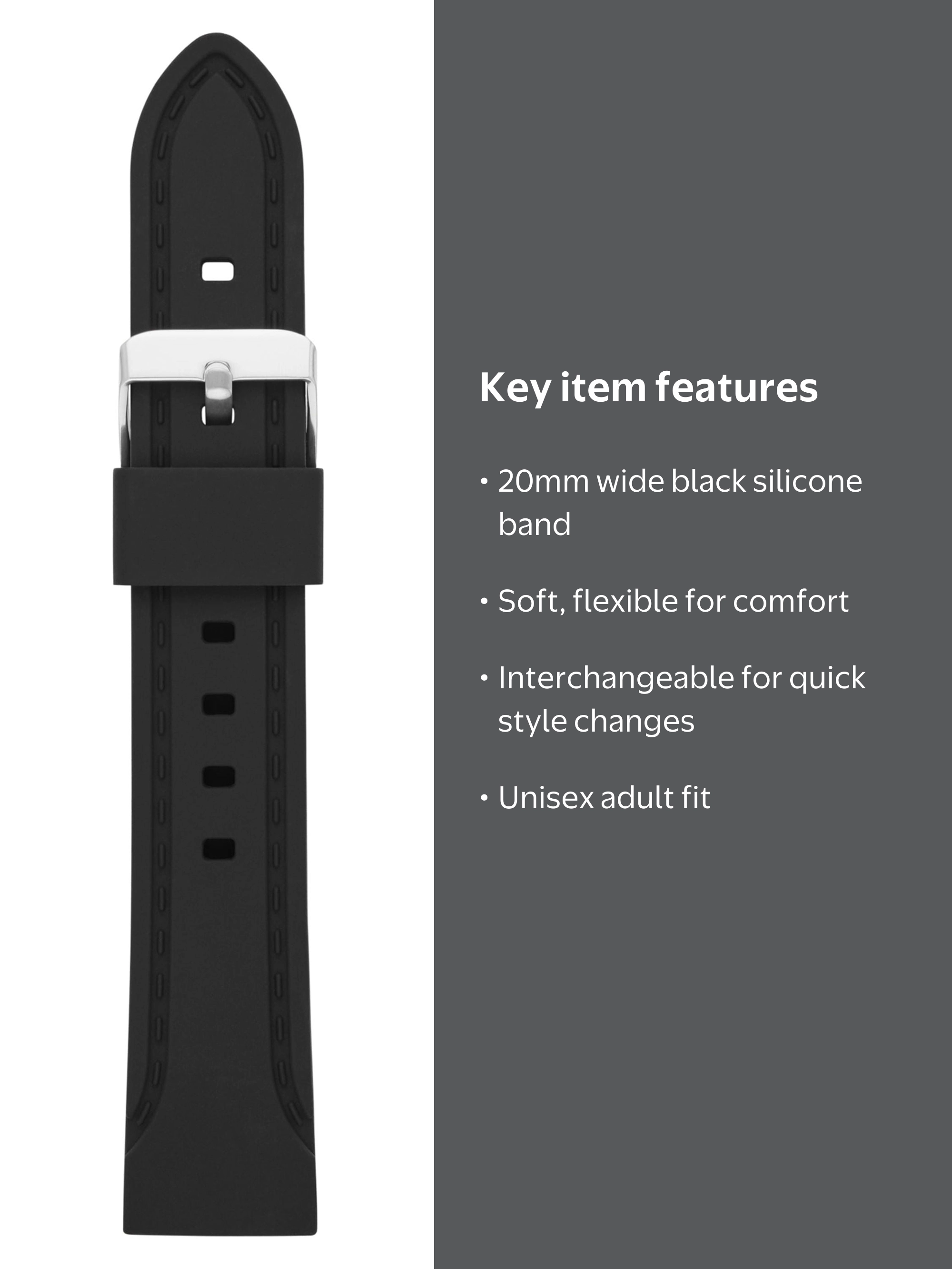20mm Unisex Adult Black Silicone Replacement Sport Watch Band