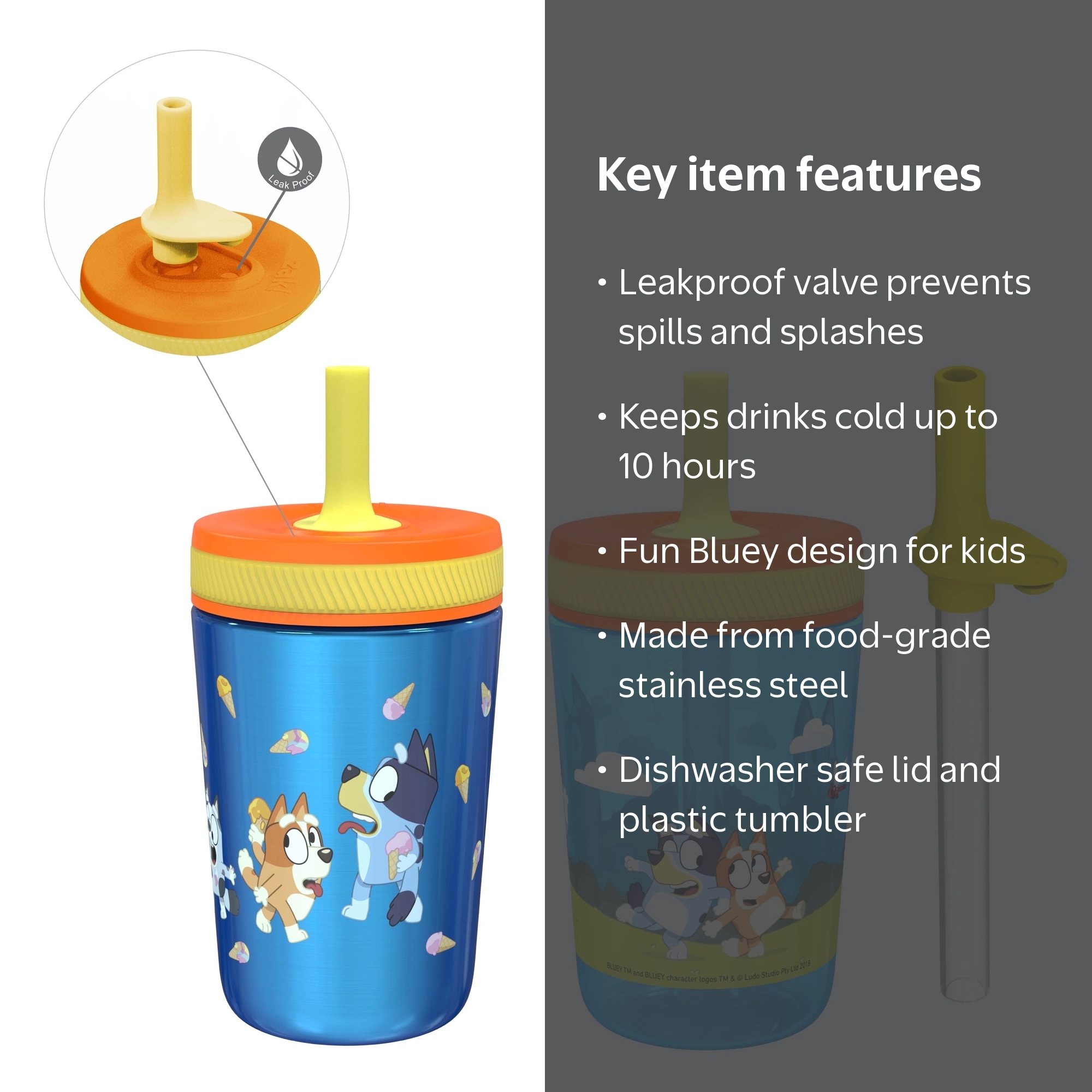Zak Designs, Straw Tumbler, 12oz and 15oz 2-Pack, Kids Bluey
