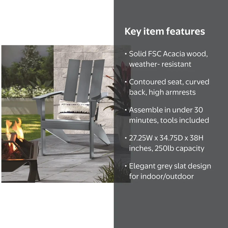 Mainstays Wood Outdoor Modern Adirondack Chair, Grey Color