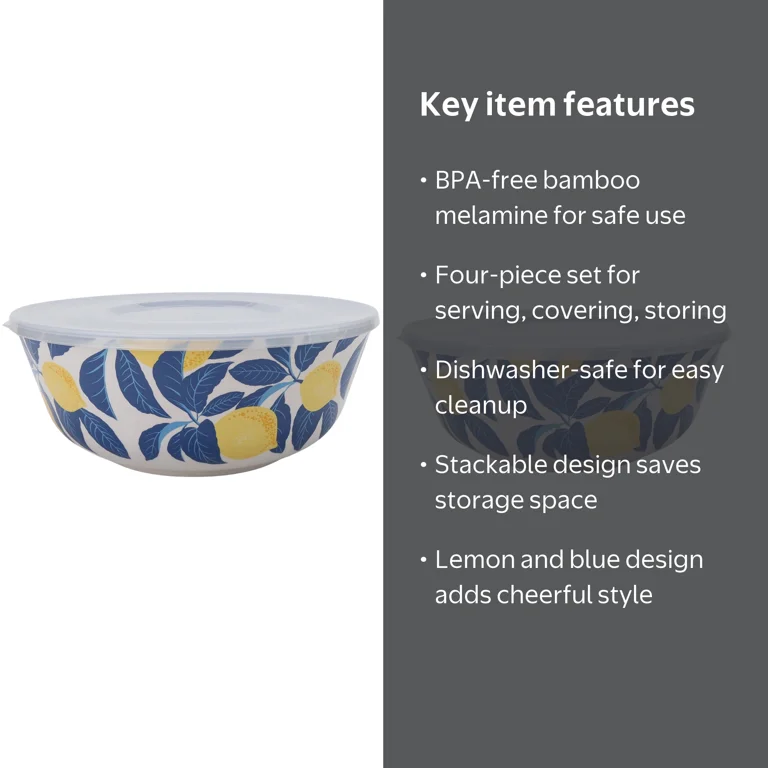 Mainstays Bamboo Melamine 4-Piece Serve Bowl Set - Lemon & Blue