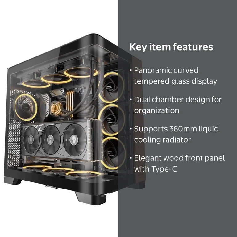 Antec, C8 Curve Wood Full Tower PC Case, E-ATX, Full Glass