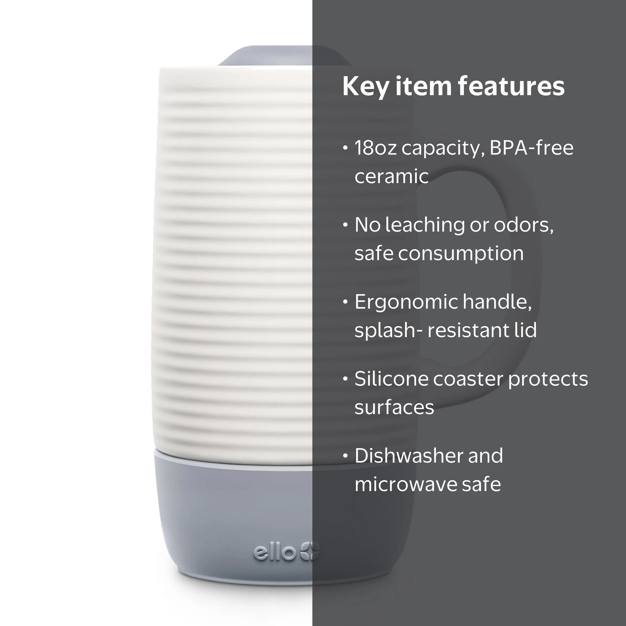 Ello, Travel Mug, 18oz Ceramic with Slider Lid, Handle & Coaster