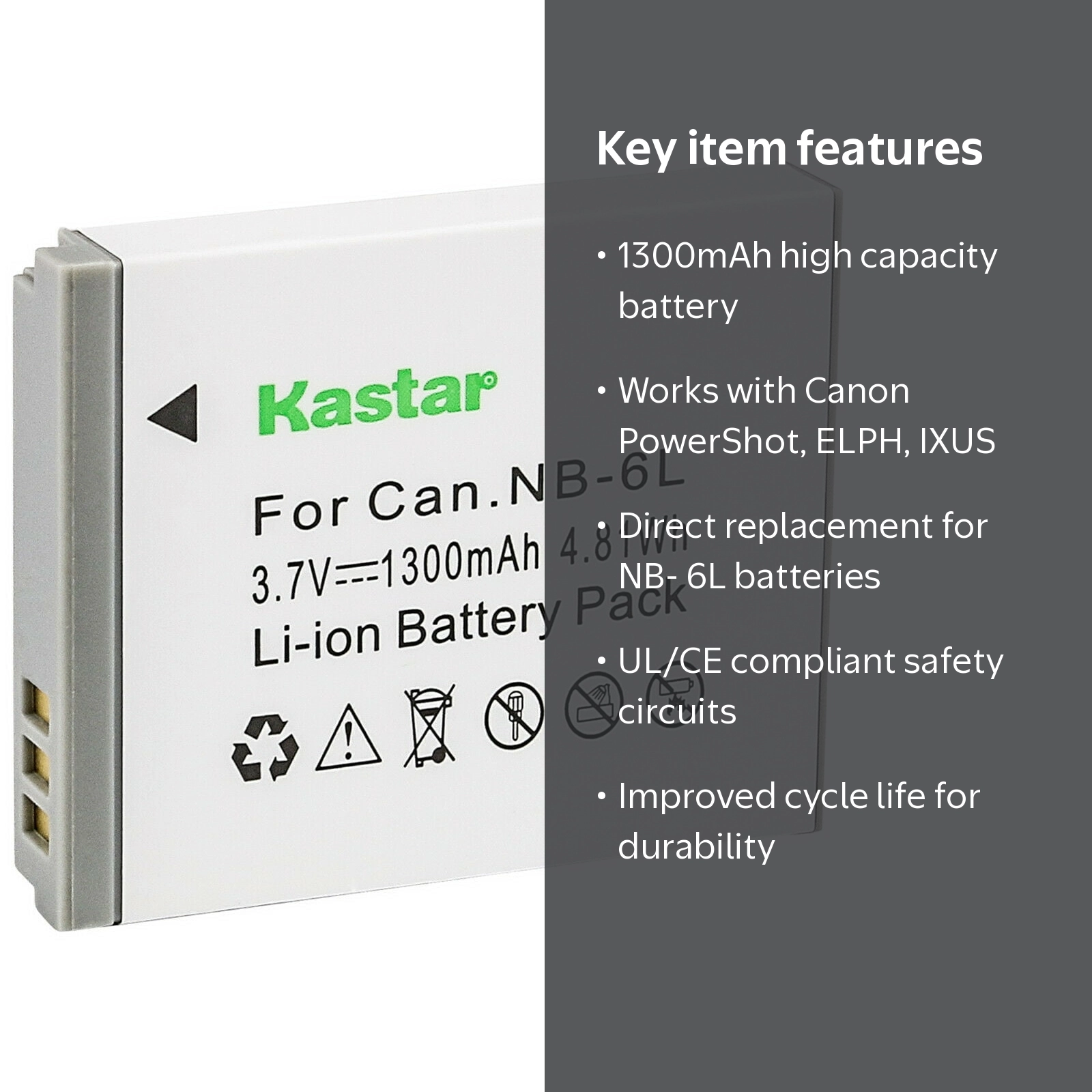 Kastar 1-Pack NB-6L Battery 3.7V 1300mAh Replacement for Canon