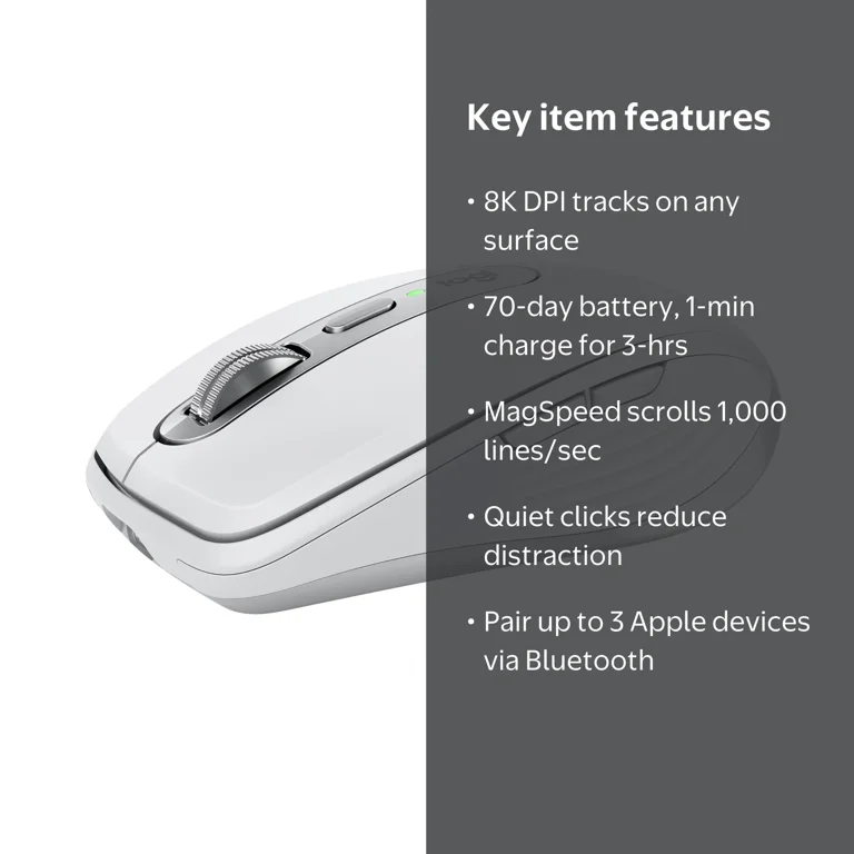 Logitech, Wireless Mouse for Mac, 8K DPI, Quiet Clicks, Pale Gray