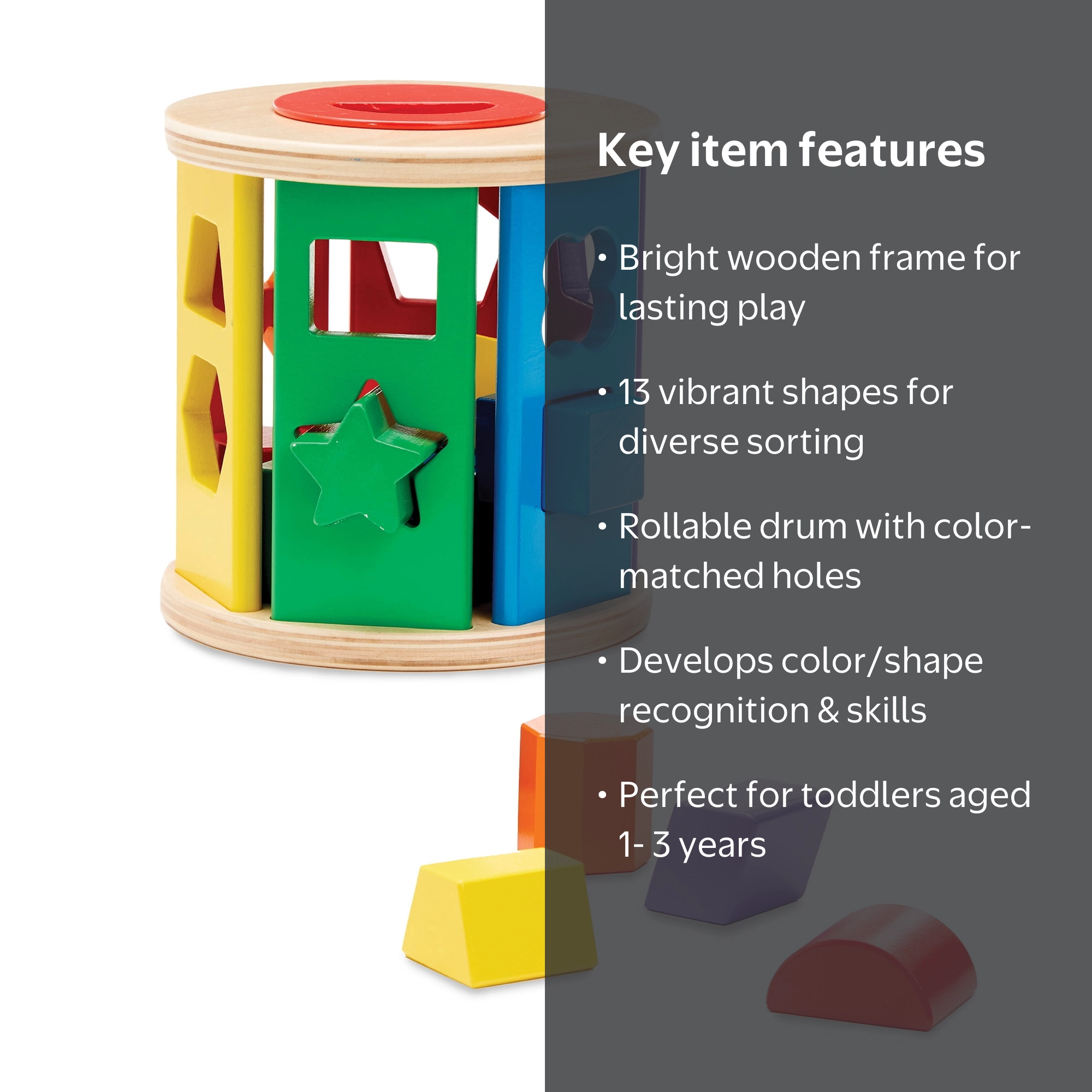 Melissa & Doug Match and Roll Wooden Shape Sorter, 13 pcs