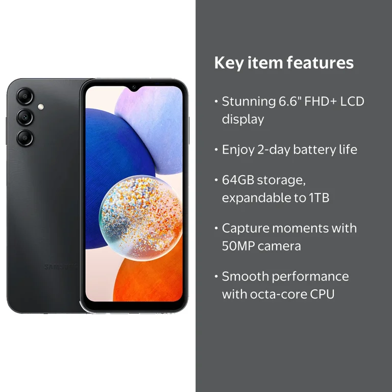 Free Shipping! Samsung Galaxy A14 5G Smartphone, 64GB, Black, 6.6