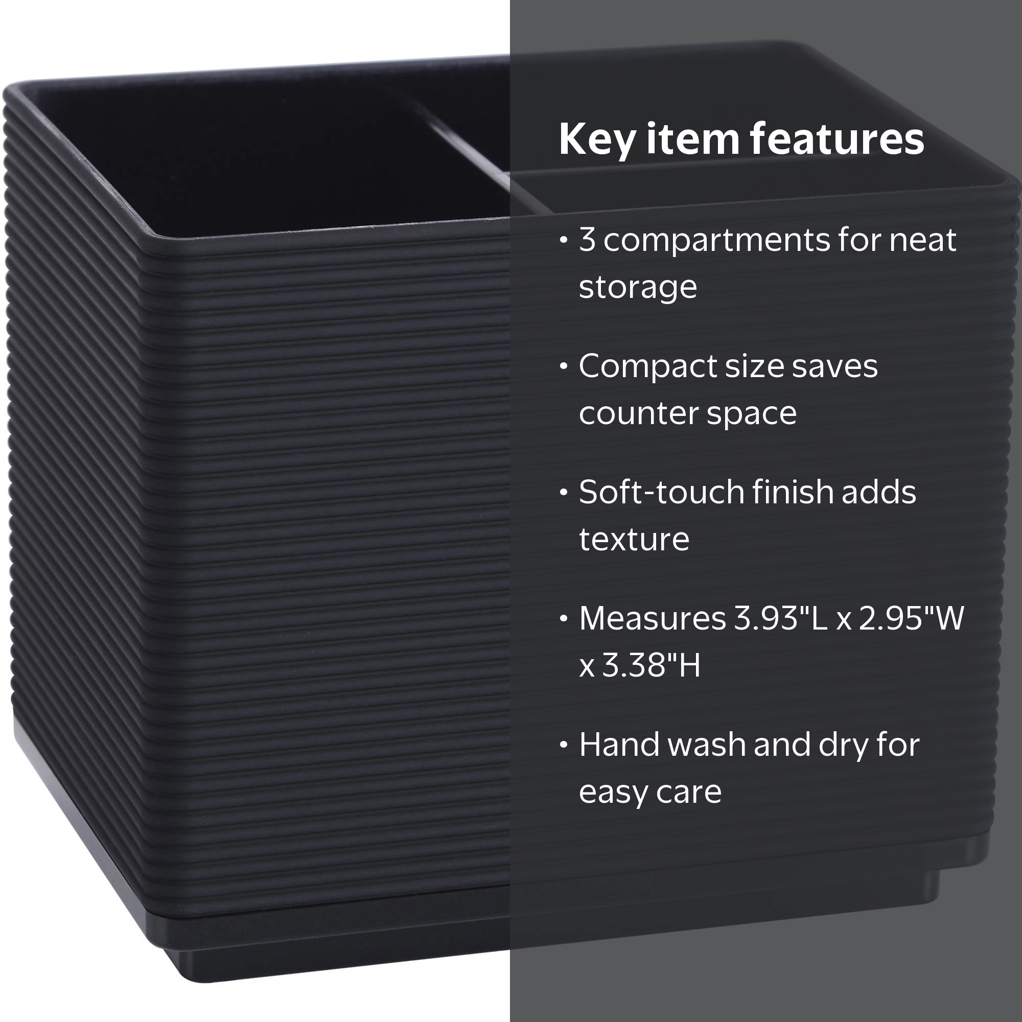 Mainstays Soft Touch Ribbed Plastic Organizer in Black with 3
