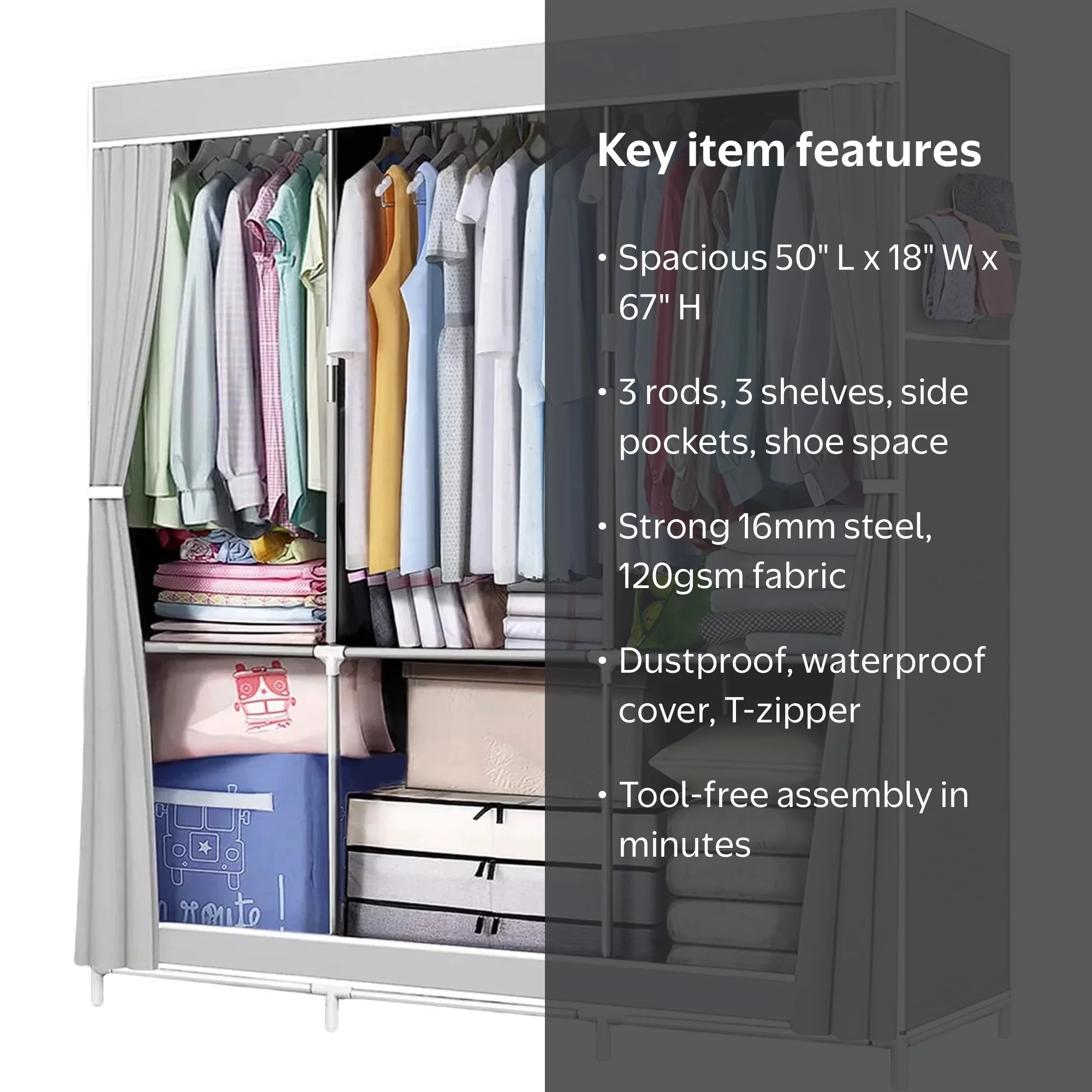 Portable Wardrobe Organizer with Shoe Rack, Metal Frame, Dustproof