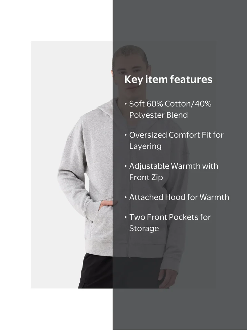 No Boundaries Soft Fleece Zip Front Hoodie for Men XS to 5XL with