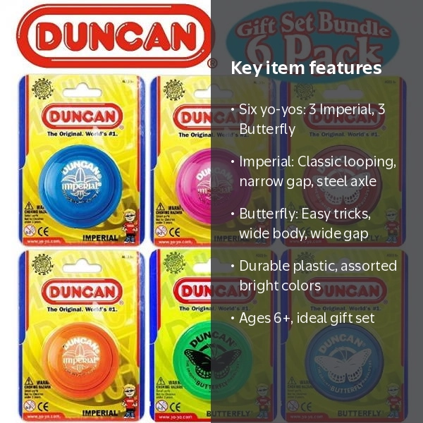 Duncan, Yo-Yo Set, Imperial & Butterfly, 6 Pack Assorted Colors