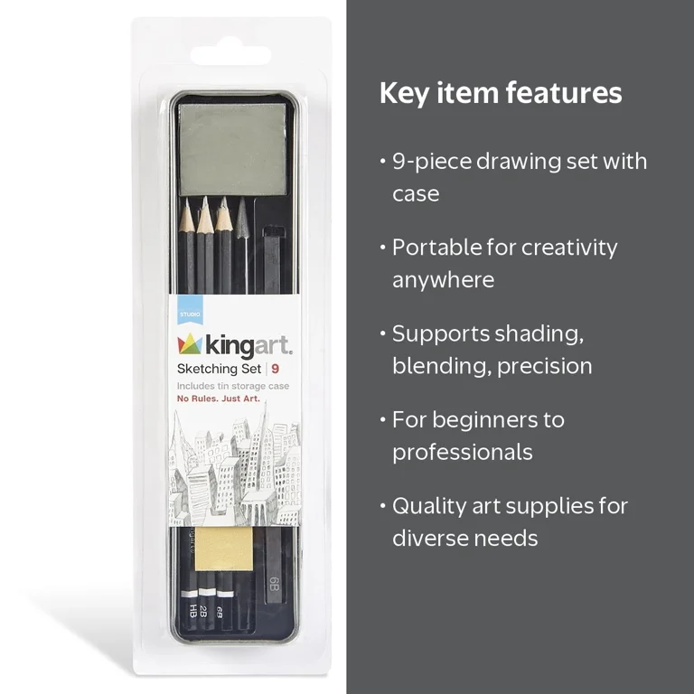 KINGART 9-Piece Sketching & Drawing Travel Set with Graphite